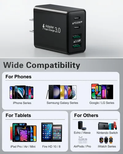 Miniatura 7 de Bloque de carga USB C, cargador de pared USB C de 40 W, adaptador de corriente PD de doble puerto, enchufe de pared QC USB C, bloque de carga rápida