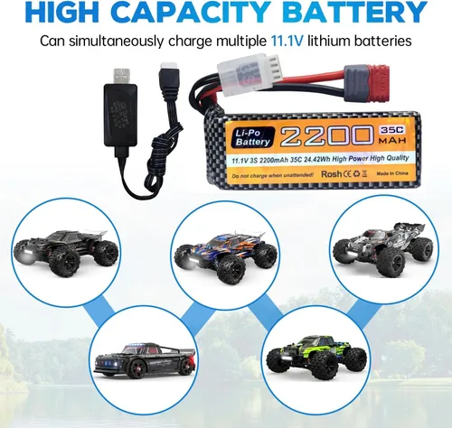 Miniatura 2 de sea jump Batería Lipo de 11.1V 2200mAh 35C 3S con enchufe T y cable de carga USB adecuado para MJX H16P H16E H16GT H16BM H16PL 14301 RC Car High