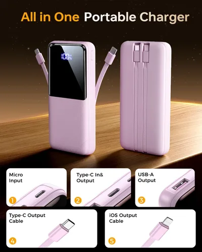 Miniatura 2 de CFIAI Cargador portátil de batería, 50% más de capacidad, batería de 15000 mAh con cable integrado, carga rápida de 22.5 W, para viajes, camping
