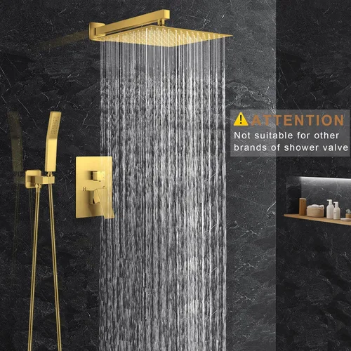Miniatura 2 de JOMEOO® Juego de grifo de ducha de 12 pulgadas en oro cepillado, sistema de ducha montado en la pared con cabezal de ducha de lluvia de alta presión
