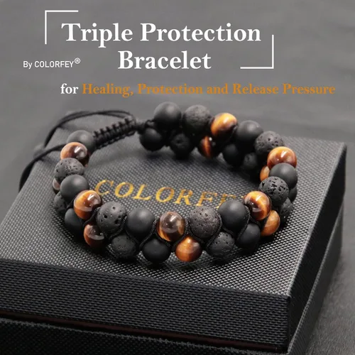 Miniatura 9 de Pulsera de triple protección para hombres y mujeres, auténtico ojo de tigre, ónix negro y roca de lava de 0.315 in, hecha a mano, pulsera de cuentas