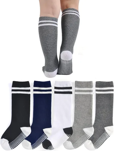 EPEIUS Calcetines altos hasta la rodilla con agarre antideslizante Toddller Athletic Stripe Team Tube Calcetines para niños y niñas, paquete de 5