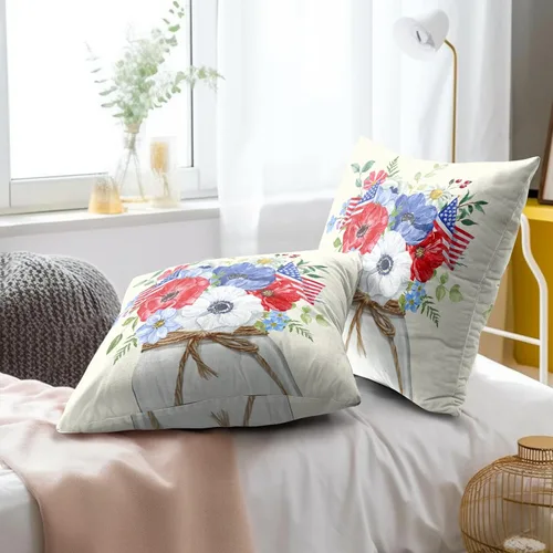 Miniatura 8 de Juego de 2 fundas de cojín decorativas con bandera americana y flores de amapola roja y azul, 16 x 16 pulgadas, fundas cuadradas para sofá, sillón