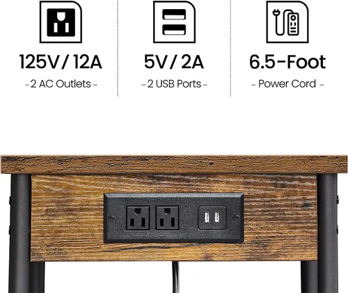 Miniatura 5 de TUTOTAK Mesita de noche con estación de carga, mesa auxiliar, mesa auxiliar con USB, 21.8 pulgadas de alto con estante de almacenamiento, mesa