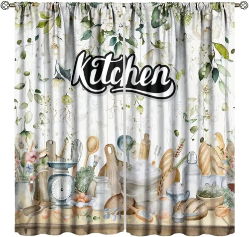 Miniatura 14 de Cortinas de cocina estilo retro, 2 paneles con bolsillo para cortinero, decoración de dormitorio, cocina, cafetería, 42 pulgadas de ancho x 45