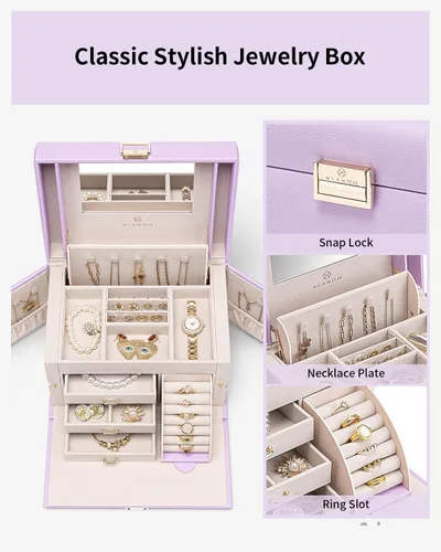 Miniatura 45 de Vlando Joyero de piel sintética, organizador mediano de joyería, regalo vintage para mujer, patrón de cruz rosa