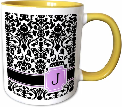 Miniatura 8 de 3dRose Letra personalizada con diseño de damasco blanco y negro con monograma, inicial personal en J - Taza negra de dos tonos, 11 onzas, 11 onzas