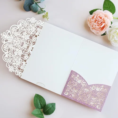 Miniatura 4 de Hosmsua 50 bolsillos de invitación de boda con purpurina morada, 5.12 x 7.2 pulgadas, corte láser, bolsillos de invitación de quinceañera de encaje