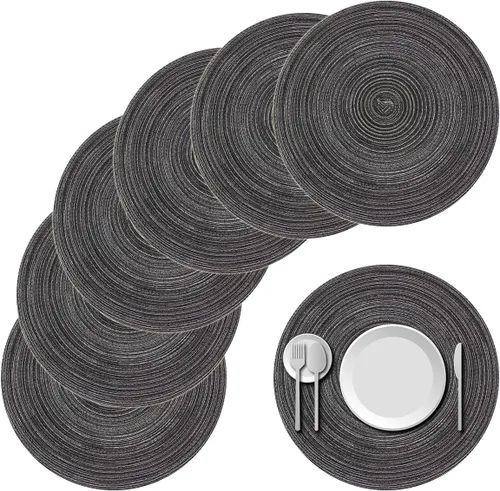Miniatura 7 de Juego de 4 manteles individuales redondos trenzados de 15 pulgadas, manteles individuales lavables para mesa de cocina, bodas, fiestas (negro y gris)