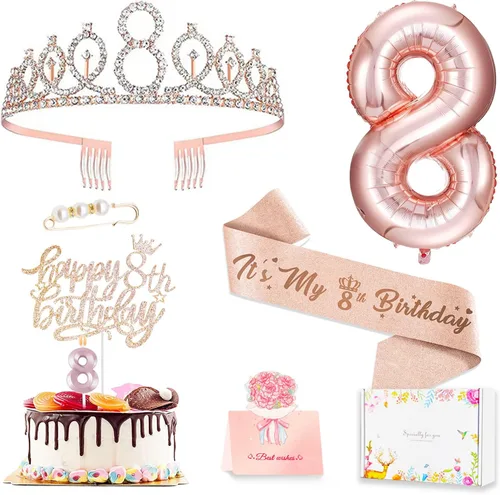 Decoraciones de cumpleaños de 8 años para niñas, que incluyen adorno para pastel de cumpleaños de 8 años, banda de reina con alfiler de perla,