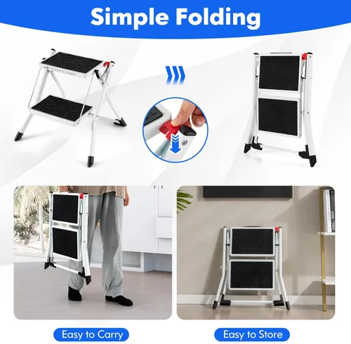 Miniatura 3 de Goplus Escalera de 2 escalones, taburete plegable ligero con pedales antideslizantes, cubiertas antideslizantes para pies, escalera de mano de metal