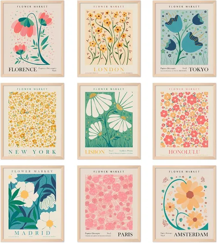AnyDesign 9 piezas de decoración de mercado de flores, impresiones artísticas de Matisse, póster de arte floral, sin marco, para galería, regreso a