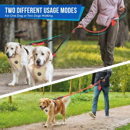 Miniatura 7 de SlowTon Correa doble para dos perros – Correa para perro sin enredos, correa giratoria de 360° reflectante doble para perro con dos asas acolchadas