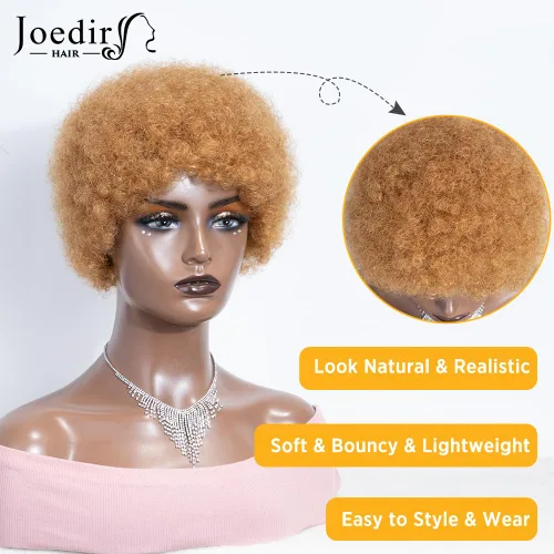Miniatura 2 de Joedir HAIR - Pelucas cortas de cabello humano afro para mujeres negras, rubio miel, peluca afro crule, suave y flexible, sin pegamento, densidad 27