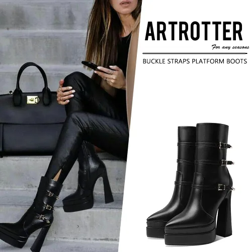 Miniatura 2 de Artrotter Botas de plataforma puntiaguda para mujer, botas de combate de tacón alto con cremallera de tamaño, botines de plataforma doble apilada