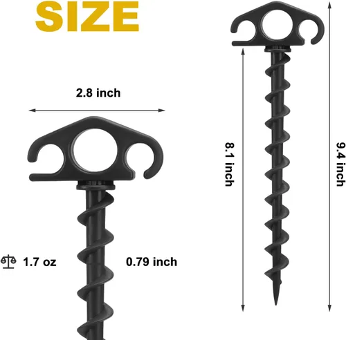 Miniatura 2 de Estacas para tienda de campaña de anclaje de tierra, paquete de 6 estacas de arena para playa de 9.4 pulgadas, resistentes en espiral, para Negro