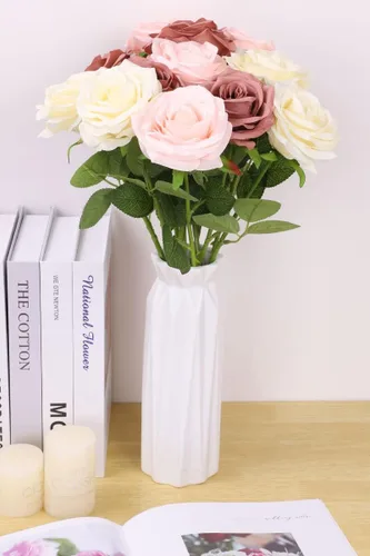 Miniatura 2 de Rosas artificiales, rosas artificiales, rosa falsa de seda, flores falsas de aspecto real con tallos para ramos de boda, mesas, centros de mesa
