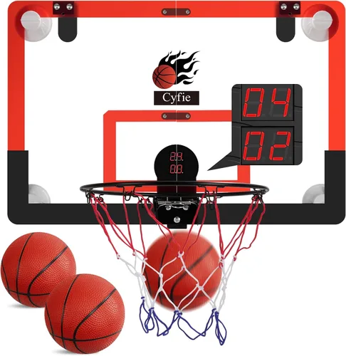 Miniatura 12 de CYFIE Mini aro de baloncesto para interiores para niños con luz LED, ventosa/aro de baloncesto sobre la puerta con marcador y 3 bolas, juguetes