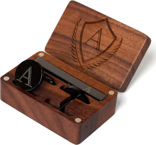 Gemelos con inicial y clip de corbata para hombre, letras del alfabeto de la A a la Z, color negro, acero inoxidable, con caja de madera de nogal