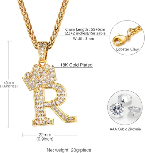 Miniatura 4 de Richsteel A-Z Crown Initial Necklace for Men Women 18K Gold Plated Shiny Cubic Zirconia Monogram Pendant with 22'' Chain+2'' (Extended) Fashion