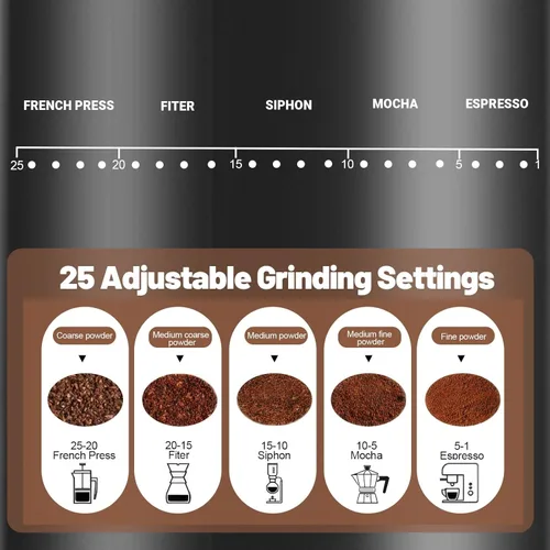 Miniatura 7 de Molinillo de café eléctrico con pantalla táctil, 2-14 tazas, molinillo de café cónico con 25 ajustes de molienda, cepillo de limpieza, molienda Negro