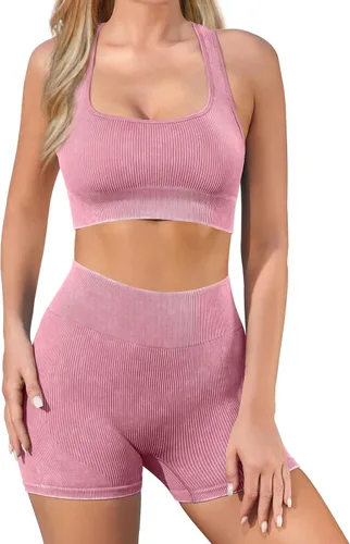 JOTEUS - Conjunto de yoga de 2 piezas sin costuras, acanalado, brasier deportivo de cintura alta, pantalones cortos de gimnasio, conjuntos de ropa
