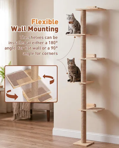 Miniatura 4 de Árbol para gatos de 80.3 pulgadas de alto para pared, árbol de gato de 5 niveles de piso a techo, árbol para gatos ajustable montado en la pared
