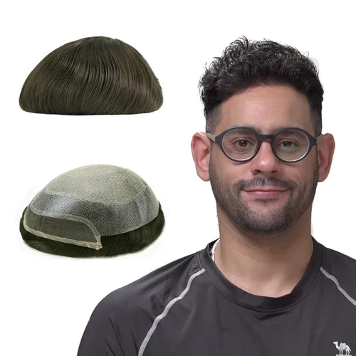 Miniatura 11 de Lordhair Tupé frontal de encaje francés para hombres 0.004 in inyectado piezas de pelo de piel fina unidas con sistema de cabello de encaje