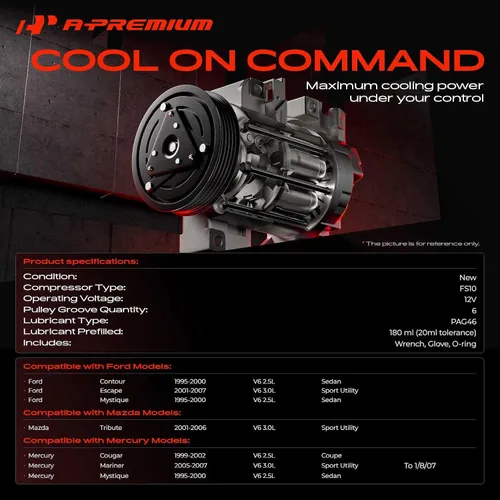 Miniatura 2 de A-Premium Compresor de CA con embrague compatible con Ford Contour 1995-2000, Escape 2001-2007 y Mazda Tribute 2001-2006 y Mercury Cougar 1999-2002