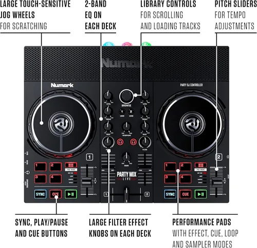 Miniatura 6 de Paquete de controlador de DJ – Set de DJ con altavoces integrados, luces de fiesta, mezclador de DJ, interfaz de audio y auriculares para DJ
