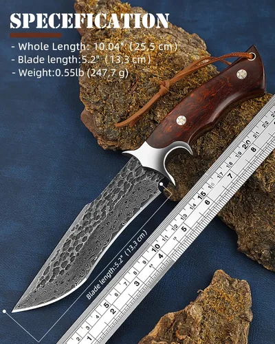 Miniatura 6 de Omeiso - Cuchillo de caza de acero de Damasco con funda de piel, 10.04'' de hoja completa Tang EDC, cuchillo de Damasco de acero para camping