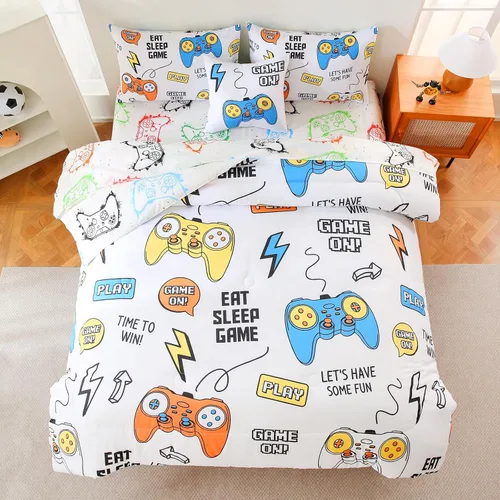 Miniatura 11 de Juego de edredón azul de consola de juegos con sábanas, 6 piezas de cama en una bolsa, geométrica, ligera, para niños, tamaño matrimonial