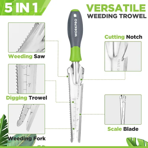Miniatura 3 de WORKPRO Extractor de malezas manual, pala de jardín de acero inoxidable de 5 en 1 con mango suave, herramienta de jardinería para fácil remoción