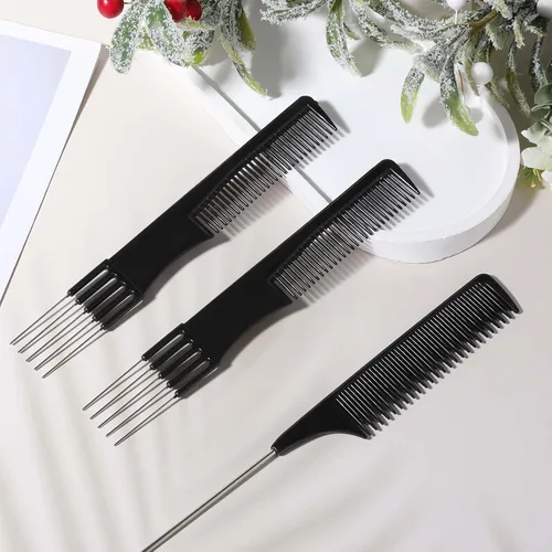 Miniatura 3 de Juego de 3 peines para el cabello, peine de burlas con peines de metal y dientes finos, cola de rata, peines de separación de salón para la espalda