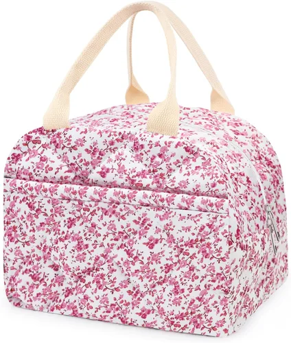 Miniatura 12 de Lonchera acolchada de algodón aislada, bonita bolsa acolchada con estampado floral, reutilizable, aislada, coqueta, de gran capacidad, hielera