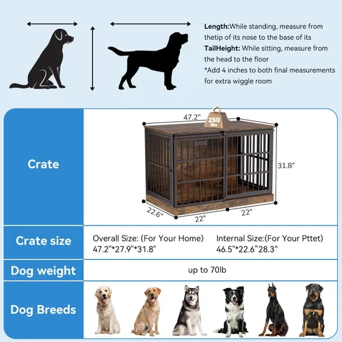 Miniatura 8 de Petrova Mueble de jaula para perros de 47 pulgadas para perros grandes/medianos, resistente para interiores con etiqueta de nombre, jaula de madera