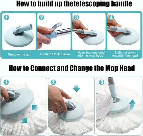 Miniatura 5 de Juego de trapeador giratorio y cubo con escurridor, sistema de cubo de trapeador giratorio de 360° con 3 cabezales de repuesto de microfibra, mango