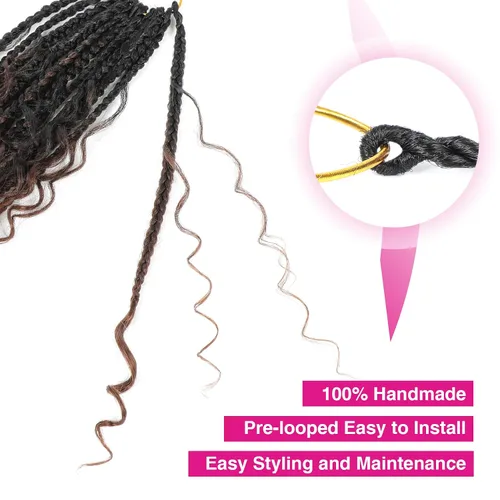 Miniatura 4 de Wodun Extensiones de Cabello de Ganchillo Goddess Box Braids de 12 pulgadas, Trenzas Box de Ganchillo con Extremos Rizados 3X Trenzas Box de 1B/4/30