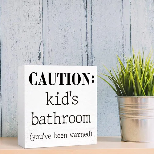 Miniatura 6 de Letrero de madera para baño de niños, divertido letrero de madera de precaución para el baño de niños, estante de baño, estantes de baño, decoración