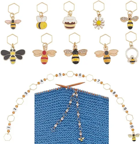 BENECREAT 11 dijes marcadores de puntos de abeja, marcadores de puntos con cierre de dije esmaltado de tarro de miel y margarita, cadenas contadoras