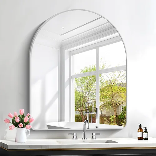 Miniatura 25 de FORBATH Espejo de baño arqueado de 16 x 24 pulgadas, espejo de baño negro montado en la pared, moderno marco de aleación de aluminio, espejo de arco