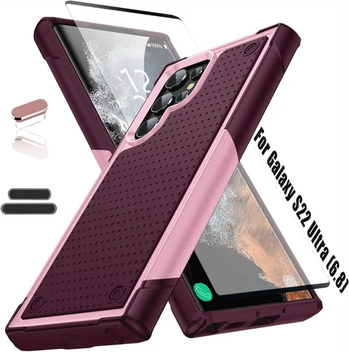 Funda resistente para Samsung Galaxy S22 Ultra de 6.8 pulgadas, 4 esquinas con bolsas de aire [protección contra caídas de 12 pies], agarre Rosa/Rosa