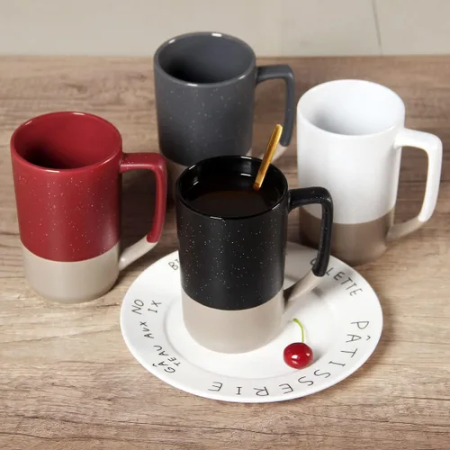 Miniatura 6 de Taza de café grande de 16 onzas, combinación de dos colores, taza de té grande de cerámica con mango cuadrado con moteado blanco para hombres y Negro