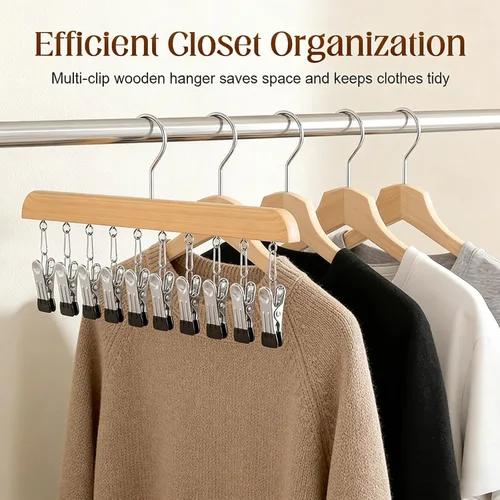 Miniatura 4 de Organizador de armario con 10 clips, organizador colgante de armario ajustable de madera para armario, colgador de pantalones de acero inoxidable