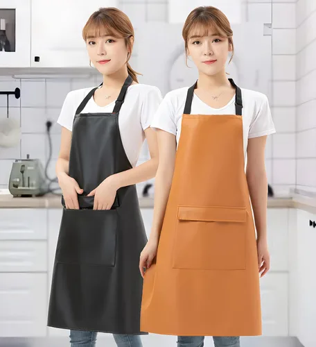 Miniatura 6 de Delantal de cuero de vinilo negro con bolsillos para mujer, impermeable para cocina, cocina, lavavajillas, aseo de perros