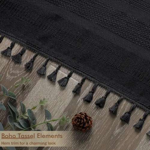 Miniatura 5 de OVZME Cortina de ducha bohemia negra, cortina de ducha estrecha de tela suave a rayas de lino texturizado con borla, moderna decoración de baño