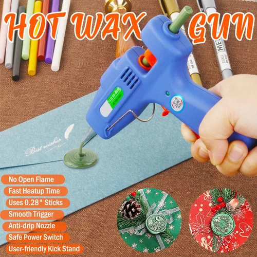 Miniatura 2 de Kit de sellado de cera, 40 varillas de cera de sellado azul con pistola de pegamento + 2 bolígrafos de sello de cera para sello de cera, ideal