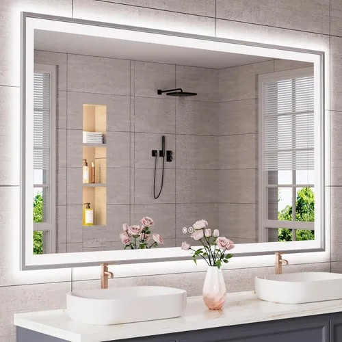 Miniatura 22 de Espejo de baño LED de 60x36 pulgadas con marco negro, espejos de baño retroiluminados y con luz frontal para pared, antiempañamiento, regulable