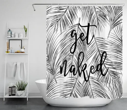 Miniatura 21 de LB Cortina de ducha de plantas de hojas verdes tropicales, citas divertidas y hojas de palma en cortinas de ducha beige para baño, tela de poliéster