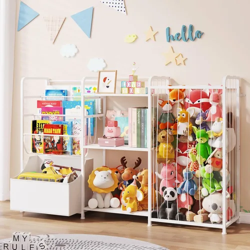 BBLIKE Organizador de almacenamiento de animales de peluche 3 en 1, almacenamiento de juguetes con estantería para niños y soporte grande de Blanco